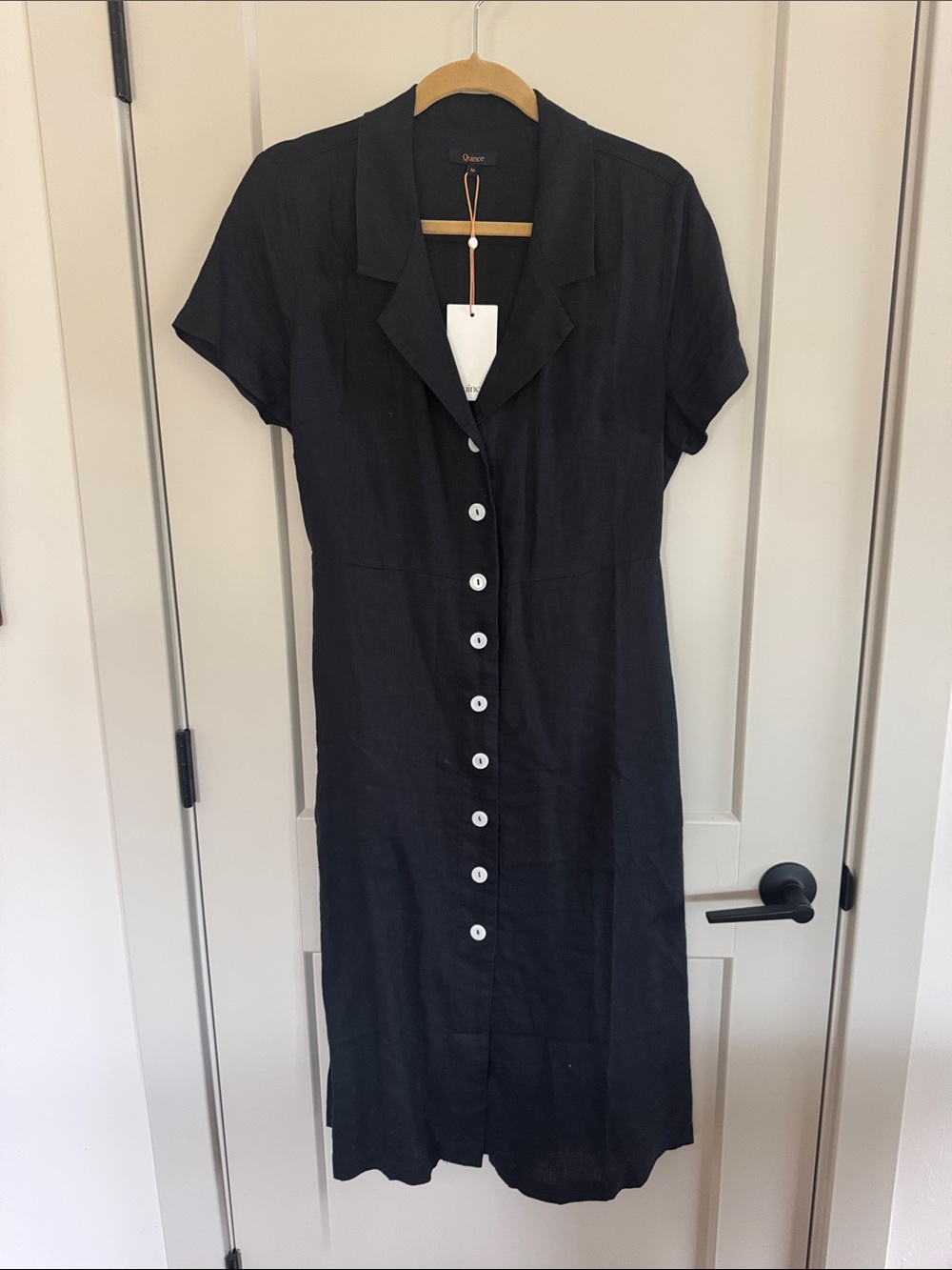 Quince Black 100% European Linen Button-Front Midi Dress